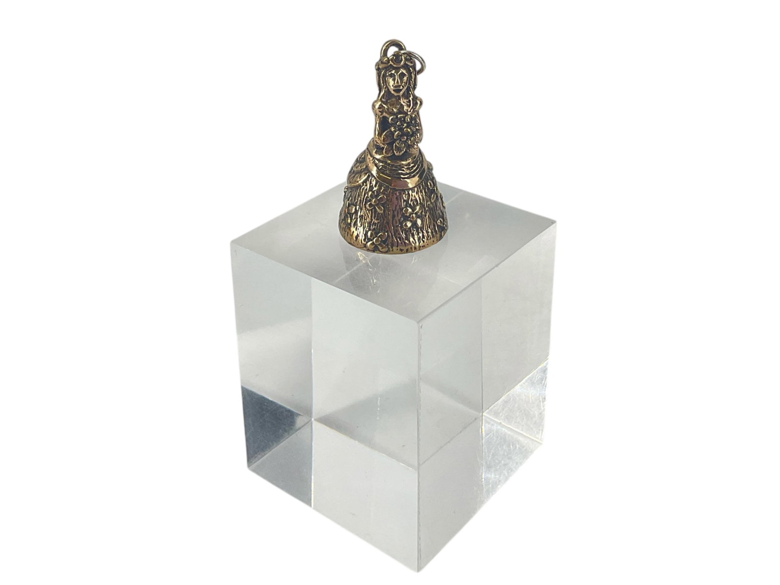Riccio 1990 Bell Pendant: Riccio 1990 Bell Pendant Figural woman/bride holding a bouquet design, 40.0mm in size, semi-polished metal finish, functional bell, bronze composition, signed.
