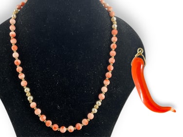 Cornicello Coral Pendant, Pearl & Coral Bead Necklace w/Gold Clasp