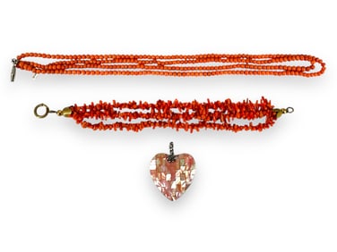 Vintage Coral Necklace and Bracelet, Abalone Heart Pendant