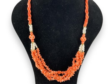 Coral and Freshwater Pearl Necklace - Gold Clasp