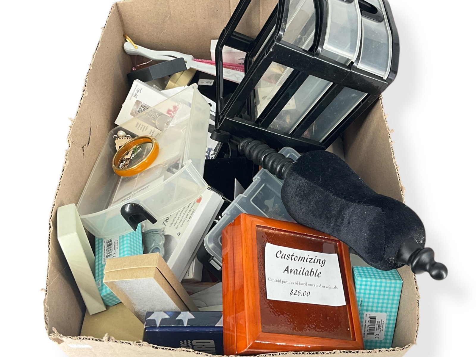 Box Lot Of Jewelry & Accessories: Box Lot Of Jewelry & Accessories modern accessories, name script bracelets, black bodice necklace display, several chains, holiday jewelry picture charms eith enameling, new in packaging, additional s