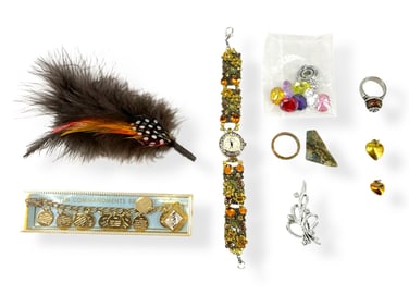 Maribou Feather Pin, Vintage Child's Ten Commandments Bracelet, Silver Pendant w/Interchangeable