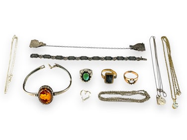 Misc. Vintage Items Including Child's Silver Sweater Clips, Silver Turquoise Ring, Siam Silver