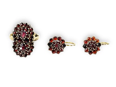 Dark Red Garnet Vintage Ring and Earrings