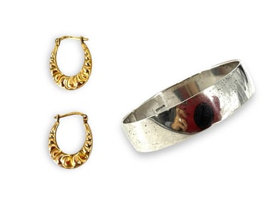 Silver Earrings w/Gold Overlay, Silver Bangle Bracelet