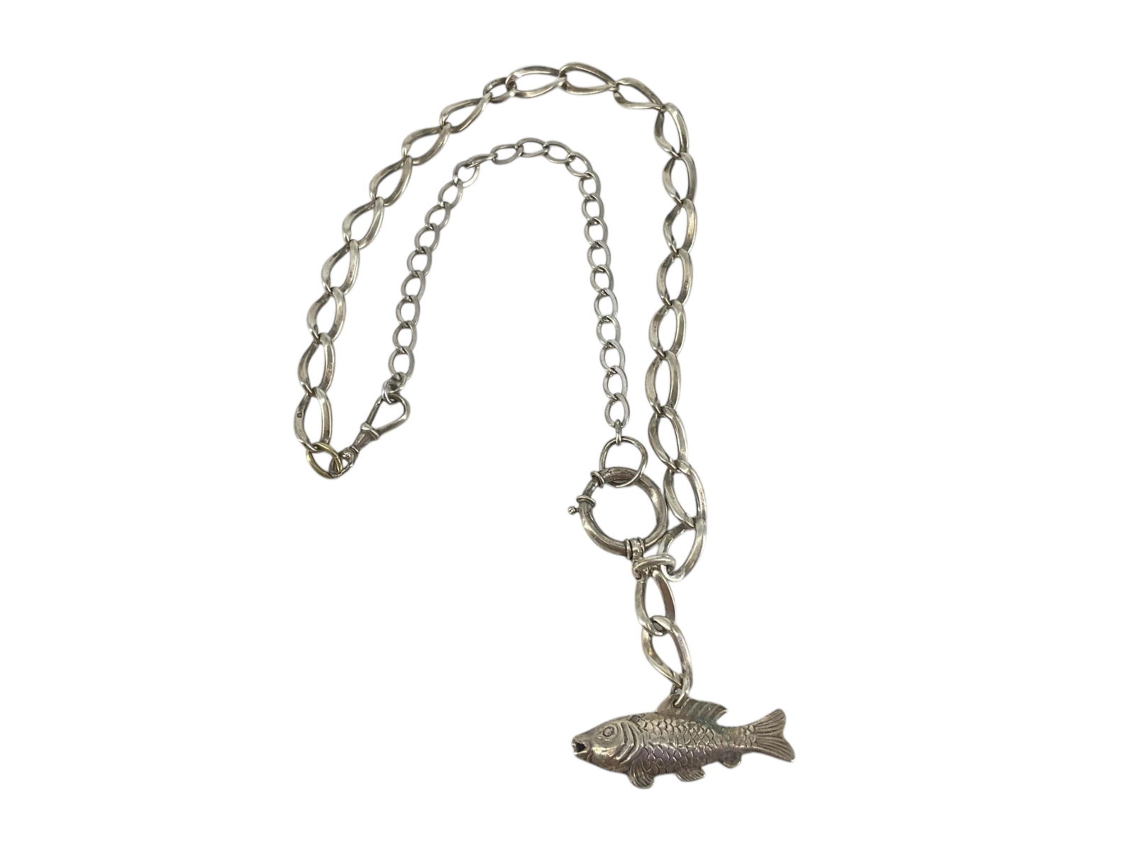 Substantial Silver Chain w/Hallmarks, Silver Fish Pendant (1 of 5)