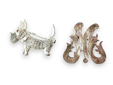 Fancy "M" Pin in Silver and a Cute Terrier Dog Pin