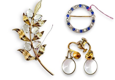Vintage Gold-Filled Moonstone Brooch and Earrings, Vintage Silver Circle Pin