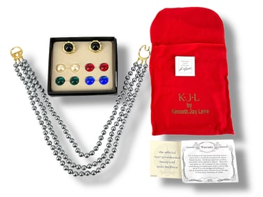 KJL (Kenneth Jay Lane) Boxed Interchangeable Earring Set, KJL Grey Faux Pearl Necklace w/Bag and