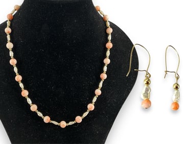 Coral & Freshwater Pearl Necklace and Earrings