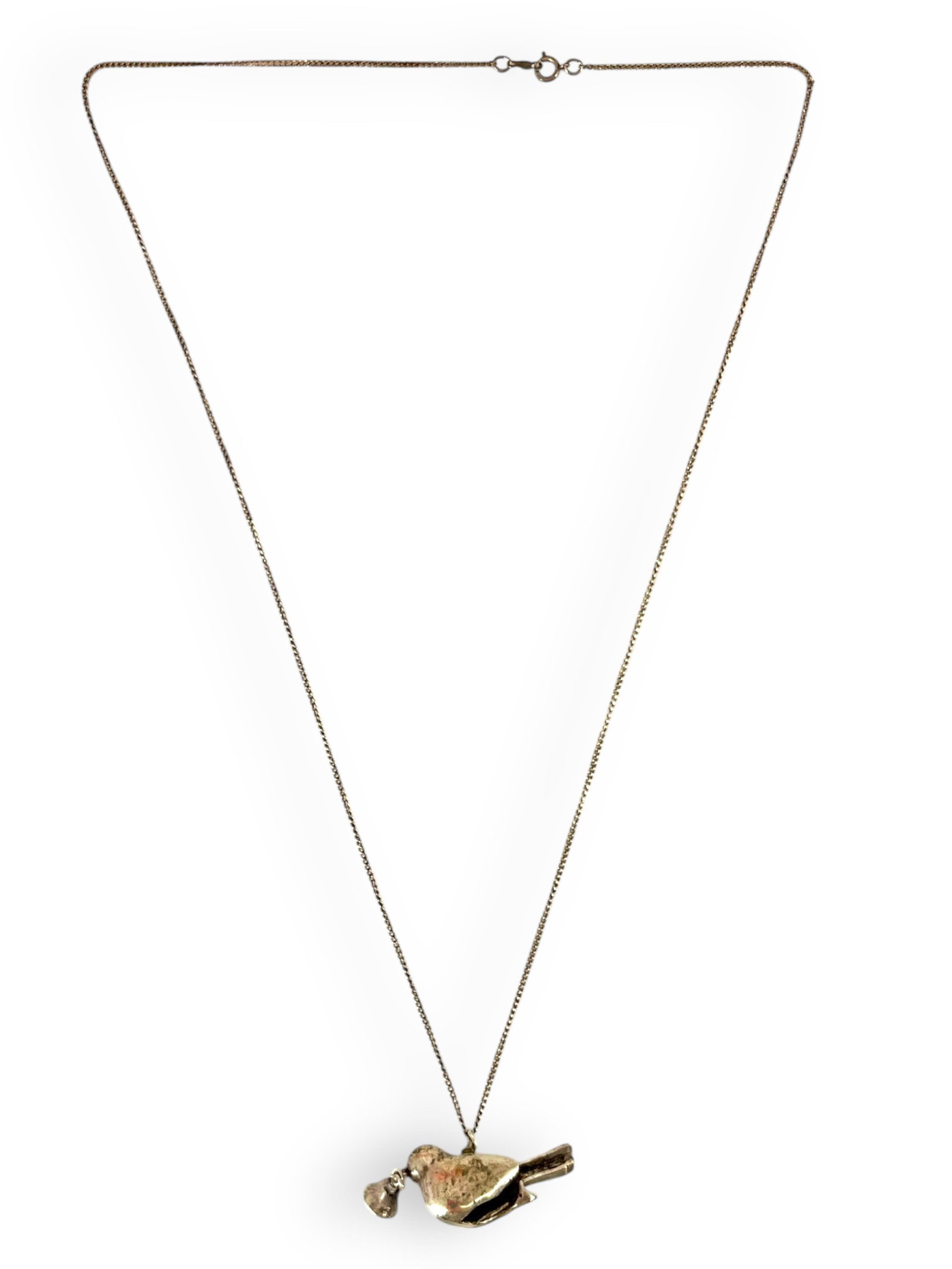 Sterling Silver Necklace and Pendant: Sterling Silver Necklace and Pendant Bird pendant with functional bell, 23" matinee length chain necklace, spring ring clasp closure, 1.2mm chain necklace, 35.0mm figural bird pendant, semi-polis