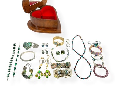 Heart-Shaped Wood Trinket Box and Contents