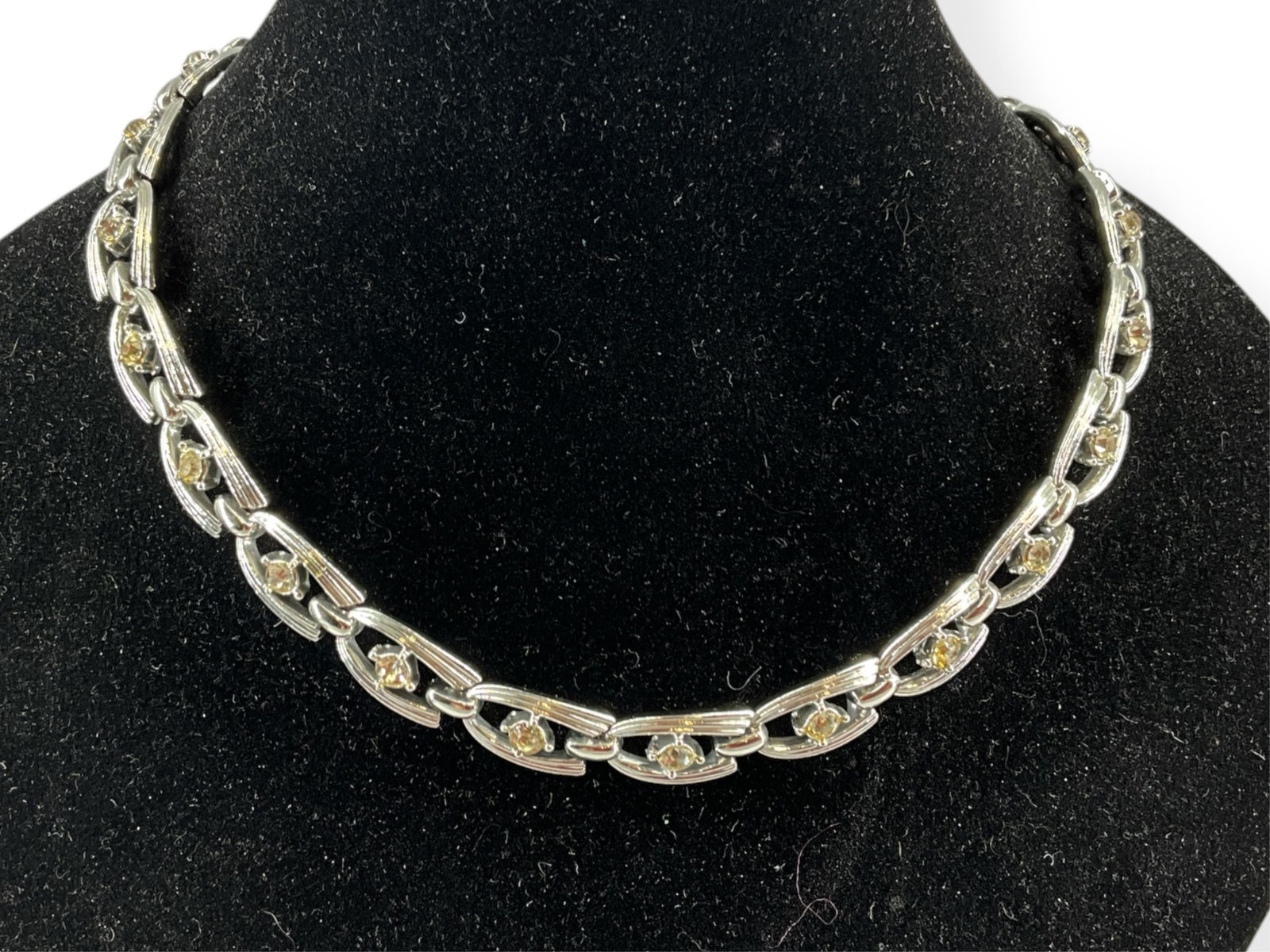 Fashion Necklace from Coro: Fashion Necklace from CoroAdjustable length, 10.75mm in width, silver tone - base metal, set with crystal rounds, signed Coro on the clasp, vintage - retro age. No missing crystals at the time of list