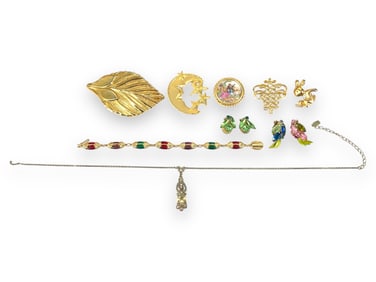 Crescent Moon & Star Brooch Hallmarked "JJ," Signed Limoges Porcelain Pin, Gold-Tone Swarovski