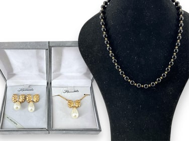Branded "Krementz" Necklace and Earrings in Original Boxes and Black Onyx Bead Necklace w/14K Clasp