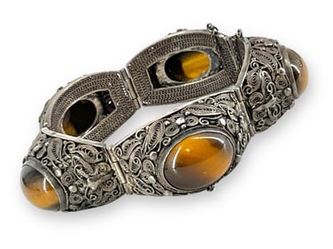 Impressive Sterling Silver Cannetille and Tigers Eye Bracelet