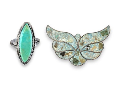 Marquise-Shaped Turquoise Ring and Silver Butterfly Pin