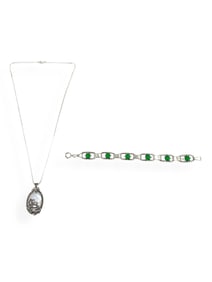 Vintage Silver Bracelet w/Green Onyx Stones, Silver Necklace w/Marcasites and Mother-of-Pearl