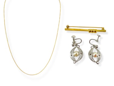 Vintage Signed "VanDell" Silver and Pearl Earrings, Gold Over Silver Box Chain and a Monet Bar Pin