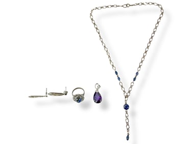 Silver Pendant, Necklace, Ring and Pair of Earrings, All w/Stones