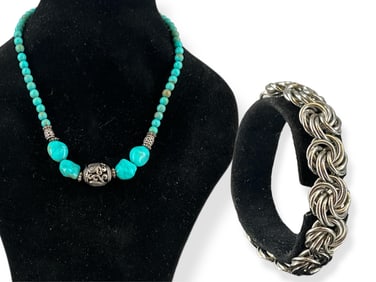 Howlite Necklace w/Genuine Silver Embellishment, Fancy Link Silver-Tone Bracelet