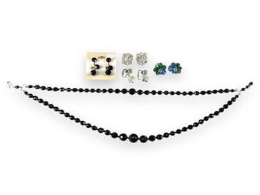 Lovely Vintage Hallmarked "Vendome" Earrings, Aurora Borealis Beaded Earrings and Black Faceted