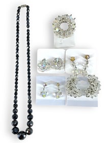 Vintage Aurora Borealis Beaded Jewelry, Black Faceted Bead Necklace