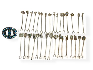 32 Vintage Cocktail Stir Sticks, Some With Abalone Inlay - Stamped "Capri" Buckle Pin