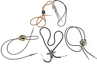 Five Silver-Tone Bolo Ties - One with Wolf Motif