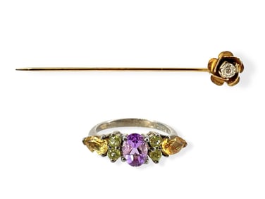 Attractive Silver Ring with Semi-Precious Stones, Vintage Floral Stickpin