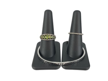 Sparkling "Stauer" Peridot Ring in Silver, Twisted-Wire Silver Ring and Silver-Tone Bracelet which
