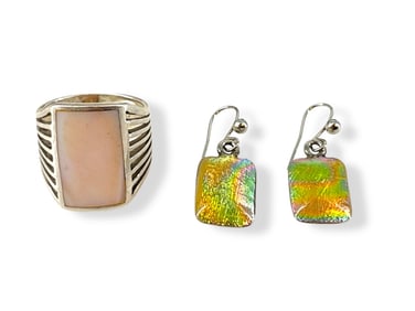 Silver Ring w/Mother-of-Pearl Plaque, Pretty Silver-Tone Iridescent Earrings