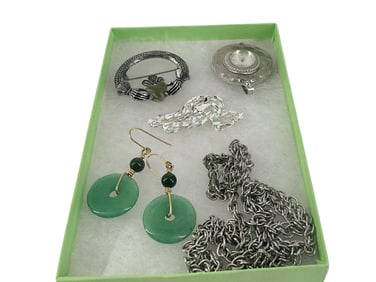 Claddagh Brooch w/Heart, Caravelle Pendant Watch, 10k Jade Earrings, Silver-Tone Chain and Silver