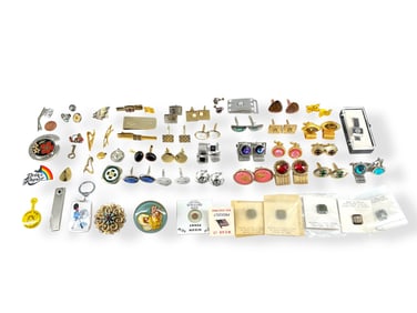 Tack Pins, Tie-Bars, Silver Buckle, Over 15 Pair of Cufflinks Including One in Silver w/Abalone
