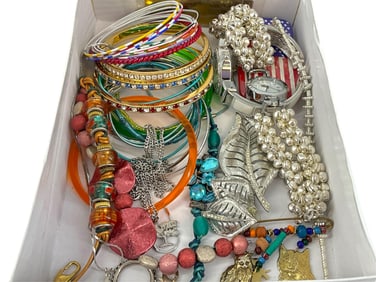 Over 20 Bracelets, Two Fashion Watches, Fashion Pins, Tree-Themed Necklace, Silver Ring
