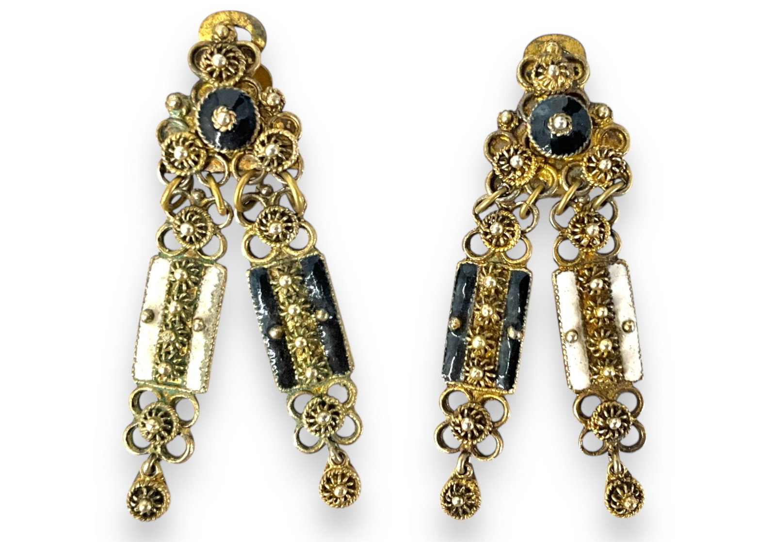 Silver and Enamel Filigree Earrings: Silver and Enamel Filigree Earrings Stamped and tested 900 grade silver with gold overlay (vermeil), 49.5mm in size, filigree links, with black and off-white bars of enameling, antique - vintage age, 