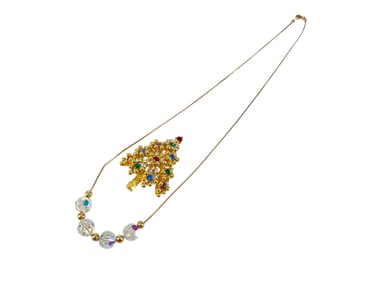 Signed "Eisenberg" Christmas Tree Pin and Aurora Borealis Bead Necklace