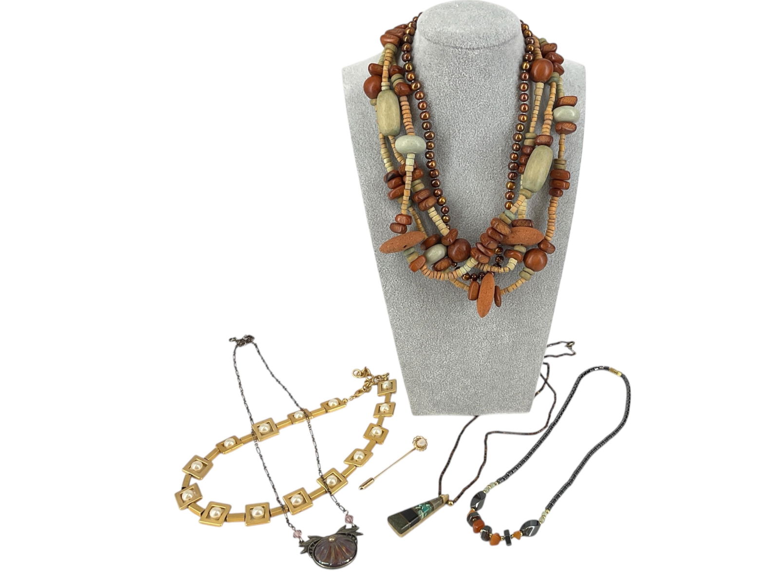 Pretty Faux Pearl Necklace, Bronze Color Pearl Necklace w/14k Clasp, Shell Necklace w/Inlaid Stone (1 of 9)