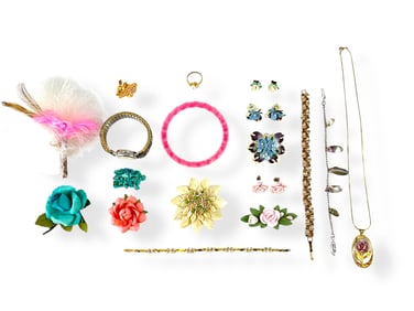 Fun Lot w/Marabou Feather Pin, Vintage Shell Jewelry Collection, Shell Bracelet, Porcelain Pin &