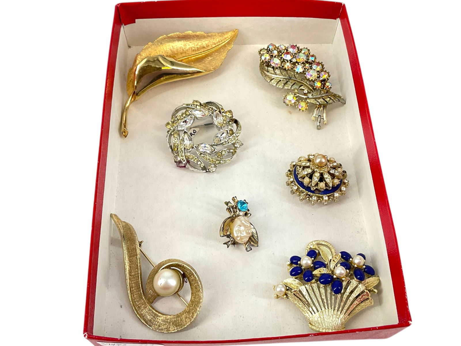 Assortment of Brooches from Coro: Assortment of Brooches from CoroSeven in total, small bee pin is unsigned (but attributed to Coro by the consignor), the remaining six pins/brooches are all signed on the reverses, measure approximate