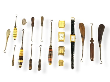 Collection of Antique Button Hooks (Including Silver) and Various Watches Including Elgin