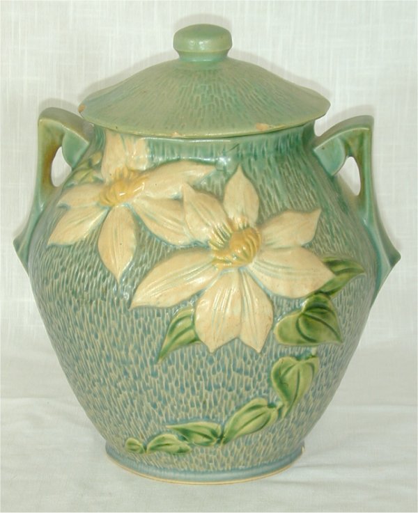 ROSEVILLE GREEN CLEMATIS COOKIE JAR #3-: ROSEVILLE GREEN CLEMATIS COOKIE JAR #3-8" (SOME CHIPS)