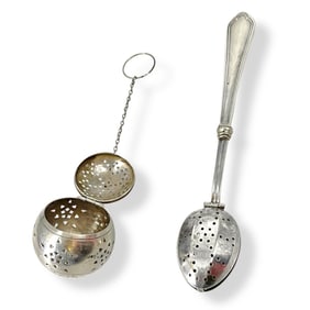 Antique Silver Tea Infuser Ball/Strainer and Antique Sterling Silver Teaspoon Strainer
