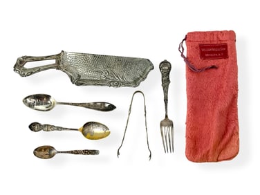 Asian Inspired Vintage Crumb Tray, Silver Souvenir Spoons and Fork, Older Sterling Sugar Tongs and T