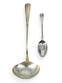 Large Antique Ladle Hallmarked "A. Simmons" and Silver Serving Spoon Hallmarked "Swan"