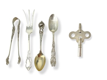 Four Misc. Sterling Silver Pieces and Old Clock Key