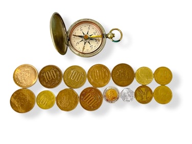 Vintage Compass and Foreign Coins