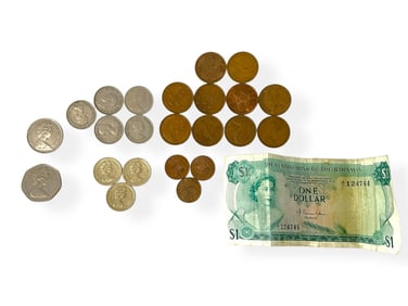 Assortment of Foreign Coins and Bank Note