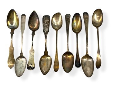 Collection of Nine Early (Antique) Silver Serving Spoons