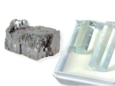 Small Piece of Galena in its Natural State and Two Small Pieces of Beveled Quartz